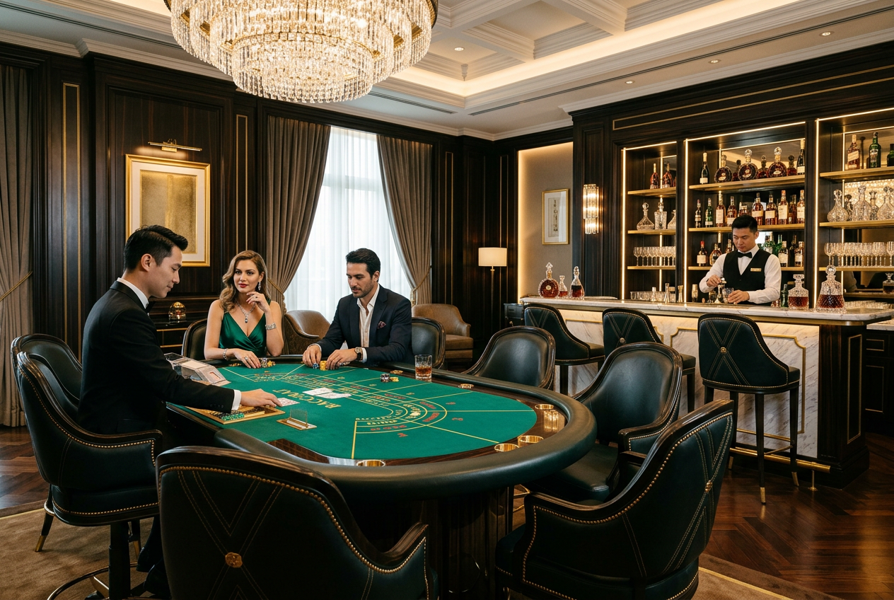 A luxurious private VIP casino room with a high-stakes table and elegant lighting.