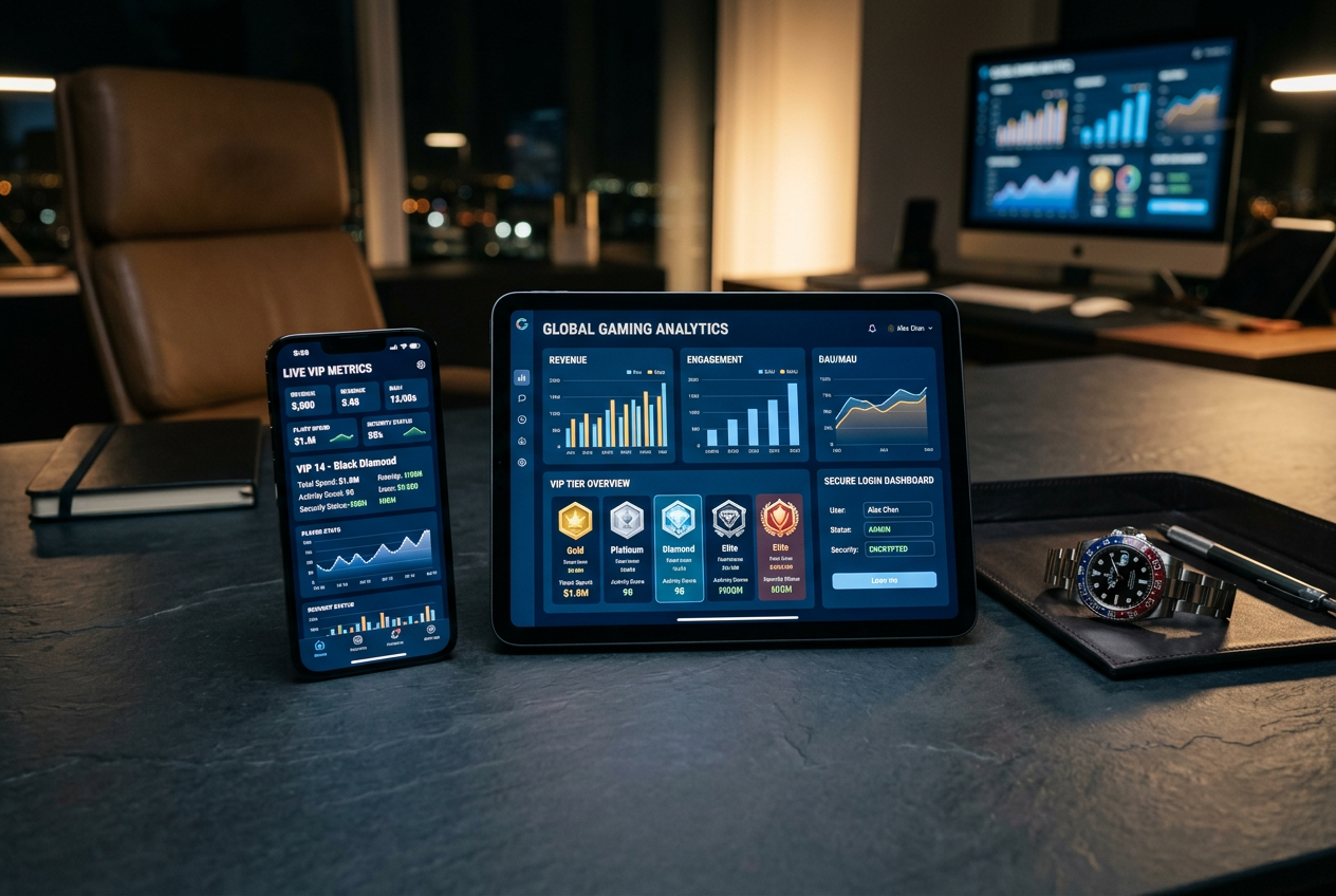 A professional setup showing a digital dashboard for casino VIP account management.