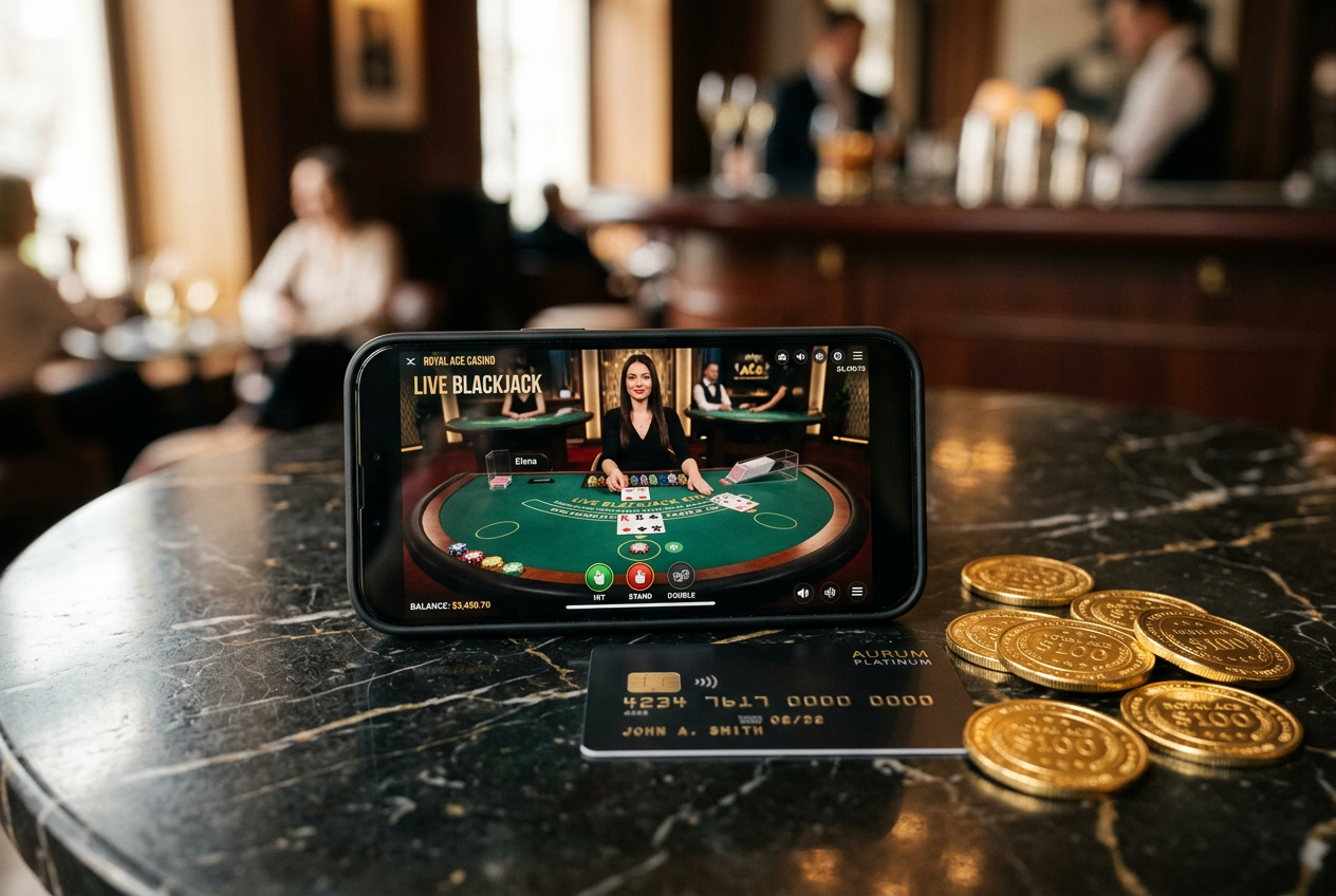 A modern smartphone displaying a live casino interface with gold coins and a credit card on a marble table.