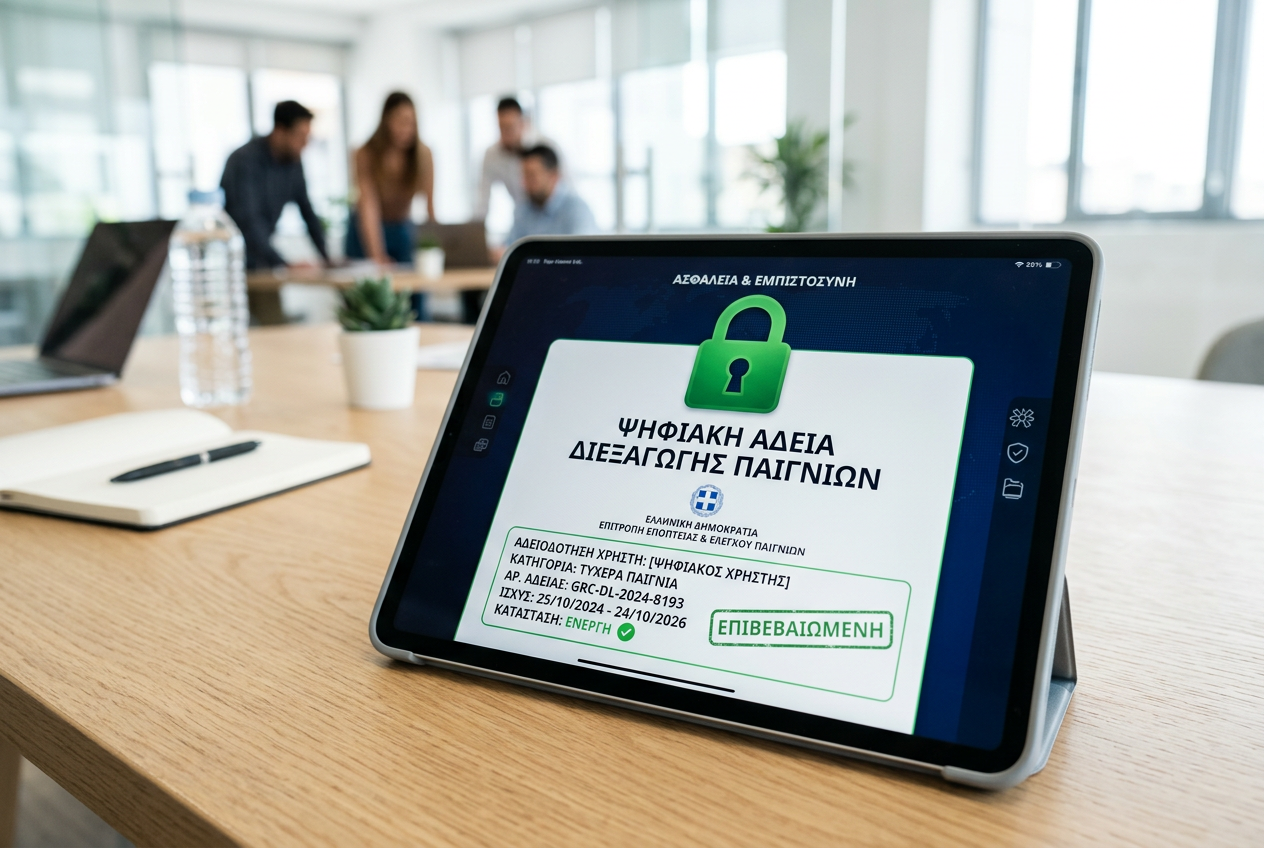 A tablet screen showing a digital security certificate and a golden padlock icon representing safety.