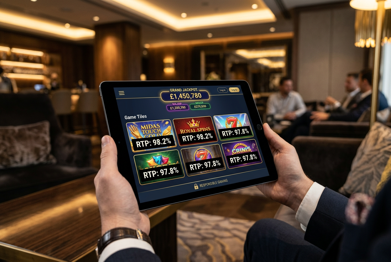 A digital tablet screen displaying high casino RTP percentages and jackpot statistics.