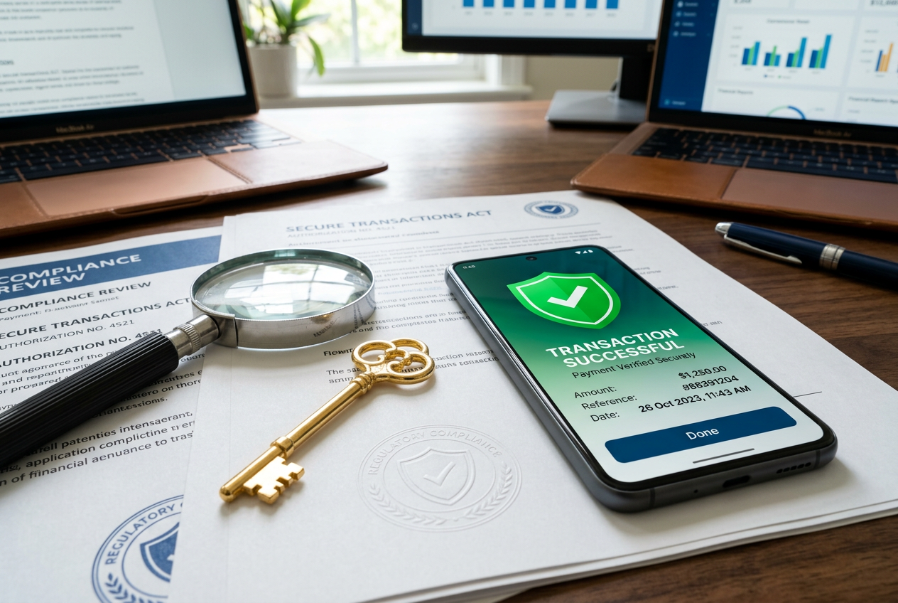 Secure payment verification symbols and regulatory icons on a professional desk.