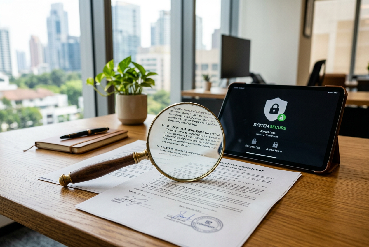 A professional setup with a magnifying glass over official legal documents and digital security icons.