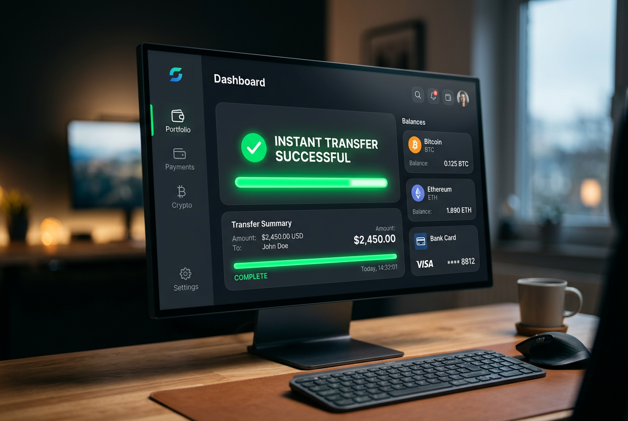 A sleek digital interface showing a fast payment progress bar with icons of cryptocurrency and bank cards.